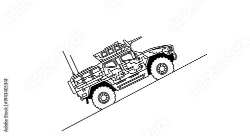 Military Armored Vehicle Climbing Steep Incline, Tactical Off-Road Vehicle Illustration