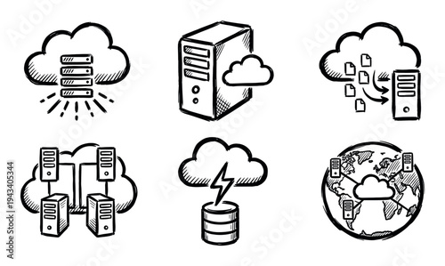 Hand-drawn cloud computing server and database icons set illustrating concepts of data storage, hosting, network technology, and global connectivity in a simple sketch doodle style