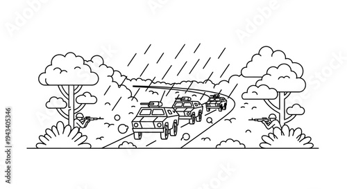 Military Convoy Ambush in Rainy Jungle: Armored Vehicles, Soldiers, and Attack