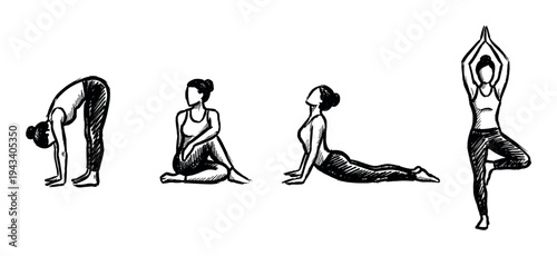Set of four hand-drawn yoga pose illustrations showing a woman practicing various asanas for fitness and wellness, depicted in a simple black and white ink sketch artistic style