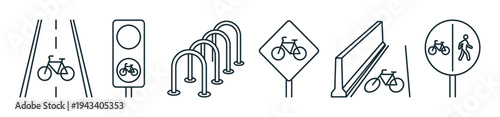 Set of bicycle infrastructure line icons showing a bike lane, traffic light, parking rack, road sign, and shared path for urban cycling and transportation safety