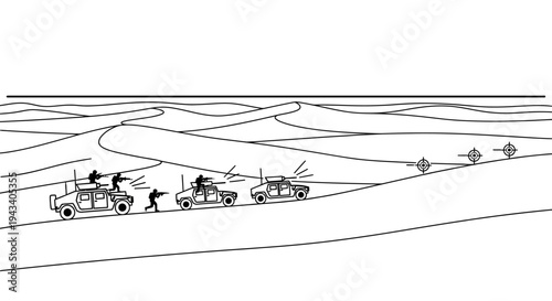 Military convoy in desert, soldiers in humvees firing weapons, action scene