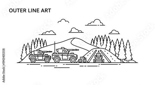 Military convoy with tanks and artillery in a forest landscape, outline art