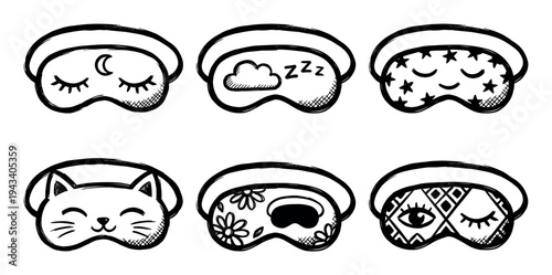 Six hand-drawn sleep masks with cute doodle designs including a cat, stars, moon, and flowers, illustrated in a black and white sketch style for relaxation and nighttime rest