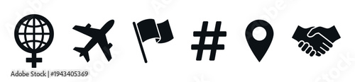 Set of black minimalist icons representing feminism, travel, goals, social media, location, and partnership arranged in a clean horizontal row for graphic design concepts