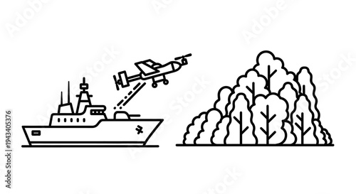 Military drone launching from ship near forest, surveillance, reconnaissance, defense concept