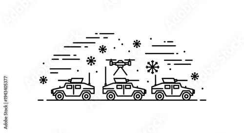 Military drone surveillance over convoy of armored vehicles in snowy landscape