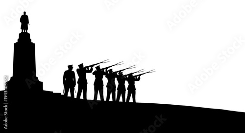 Military Funeral Salute: Soldiers Fire Rifles at Monument Silhouette