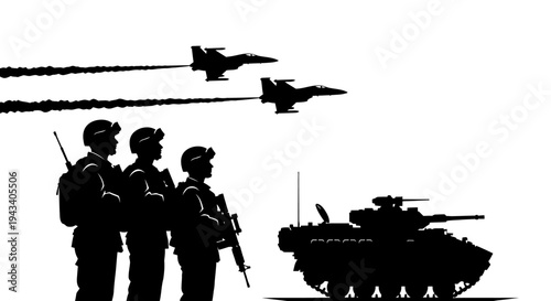 Military Power: Soldiers, Tank, and Fighter Jets in Silhouette