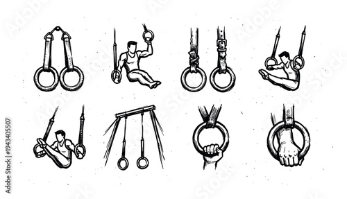 Set of eight hand-drawn gymnastic rings illustrations featuring male athletes in various poses and detailed equipment views in a black ink sketch style