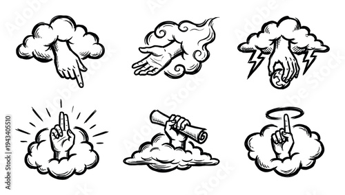 Set of six divine hand illustrations emerging from clouds in a hand-drawn sketch style, showing gestures of creation, blessing, power, and giving a holy message