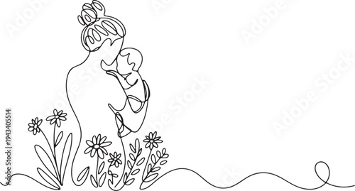 Single line drawing of mother holding baby with flowers