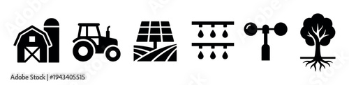 Set of black farming icons including a barn, tractor, solar panel, irrigation, anemometer, and tree, representing modern and traditional agriculture in a simple glyph style