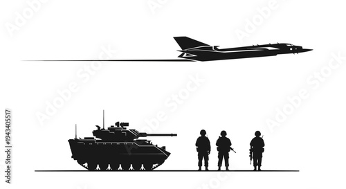 Military Power: Tank, Soldiers, and Jet Fighter Silhouette on White Background