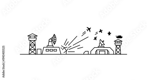 Military radar station with fighter jets and tank, defense system, air force, war concept
