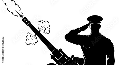 Military Salute and Cannon Firing Silhouette - Soldier Honoring Artillery Fire