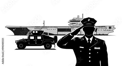Military Salute: Soldier, Humvee, and Aircraft Carrier - US Armed Forces Concept