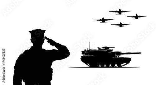 Military Salute: Soldier, Tank, and Airplanes in Silhouette