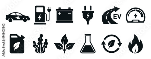 Set of black vector icons representing electric vehicles, biofuel, and green energy concepts including a charging station, battery, plug, and sustainable power symbols