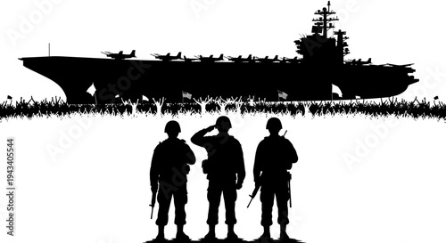 Military Salute: Soldiers Honor Aircraft Carrier and Troops Silhouette