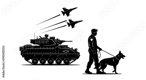 Military Security: Tank, Fighter Jets, and K9 Unit Patrol