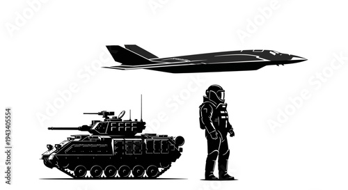 Military Scale Comparison: Jet Fighter, Tank, and Soldier in Futuristic Armor