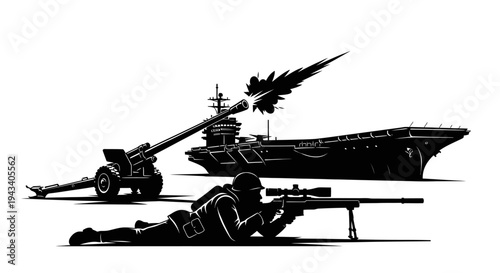 Military Silhouette: Sniper, Artillery, Aircraft Carrier in Combat Action