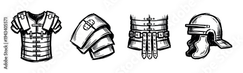 Set of ancient Roman legionary armor pieces including a helmet, cuirass, arm guard, and belt, hand-drawn in a black and white ink sketch illustration style