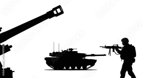 Military Silhouette: Tank, Soldier with Machine Gun, and Artillery Cannon