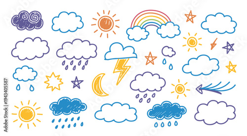 Colorful Hand Drawn Weather Icons Including Sun, Clouds, Rainbow, Moon, and Lightning doodle