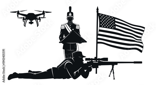 Military Sniper Drone Flag Honor Guard Soldier Sniper Rifle American Flag