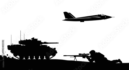 Military Silhouette: Tank, Jet Fighter, Sniper Soldier in Action