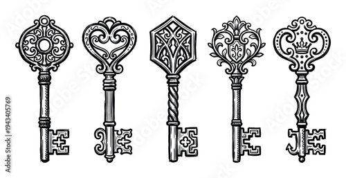 Five ornate antique skeleton keys in a hand-drawn sketch style, featuring intricate filigree, heart, and crown designs in a beautiful black and white ink illustration set
