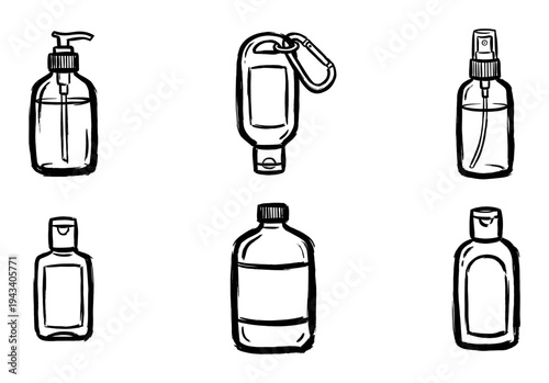 Set of hand-drawn sanitizer and soap bottles in a black and white sketch style, showing various containers like pump dispensers, spray bottles, and portable travel tubes