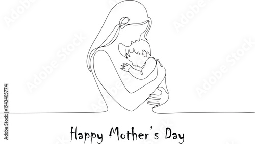 Mother holding baby close in line art with Happy Mothers Day message