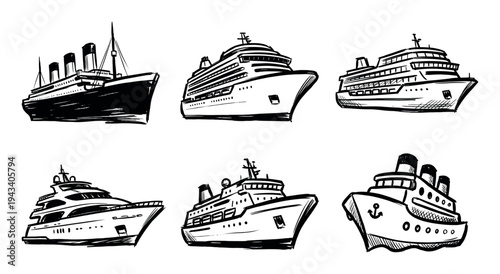 Collection of six hand-drawn ships, including a vintage ocean liner, modern cruise vessels, and a luxury yacht, illustrated in a black and white ink sketch style