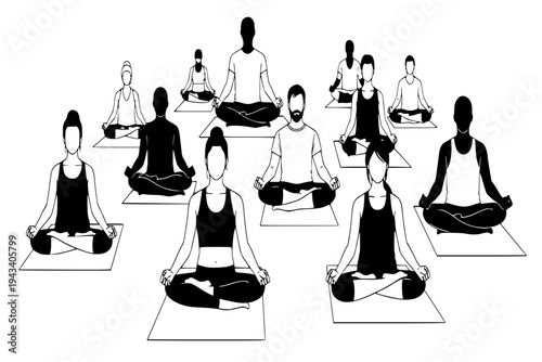 Diverse Group People Meditating in Park Lotus Pose Outdoor Yoga Class Wellness Concept Black Vector Silhouette