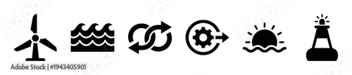 Set of black minimalist glyph icons for renewable energy and marine themes, including a wind turbine, ocean waves, recycle arrows, process gear, sun, and a sea buoy