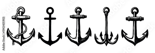 Set of five black anchor illustrations in a hand-drawn sketch style showing various nautical designs, including a classic shape with rope and a grappling hook symbol