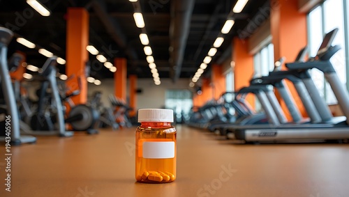 Orange bottle filled with yellow pills and a white label, placed on the floor of a gym with treadmills in the background, suggesting fitness supplements.