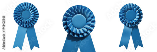 Fotografie Set of blue award ribbon rosettes for first place winners transparent background