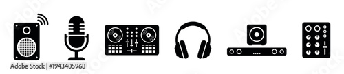 Set of black music equipment icons including a speaker, microphone, DJ controller, headphones, soundbar, and mixer presented in a simple, minimalist glyph style for audio concepts
