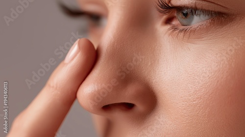 Woman Touching Nose Checking Skin Pores – Daily Skincare Routine and Dermatology Concept for Beauty and Facial Care Advertising