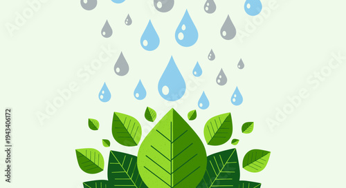 Green Leaves with Raindrops Falling.