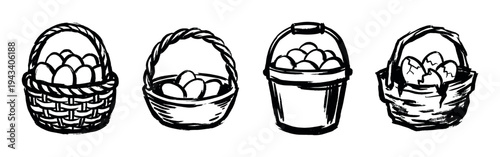 Set of four hand-drawn baskets and a bucket filled with eggs, illustrated in a rustic black ink brush stroke style showing whole and cracked eggs for farming concepts