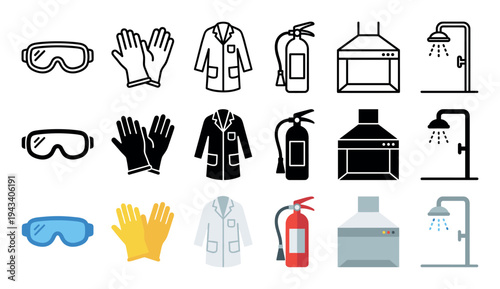 Laboratory safety equipment icon set featuring goggles, protective gloves, a lab coat, fire extinguisher, fume hood, and emergency shower in line, glyph, and flat color styles