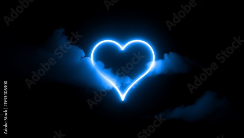Glowing neon blue heart shape suspended in dark, smoky clouds, representing love, romance, or a digital concept against a black background.