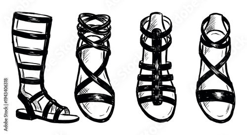Four different hand-drawn gladiator sandals in a black ink sketch style, showcasing a collection of historical footwear designs with various straps and laces