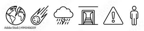 Set of black line icons representing doomsday, apocalypse, and global disaster preparedness with symbols for meteor impact, climate change, and survival shelter in a minimalist style