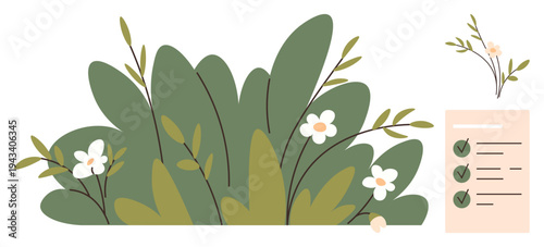 Sustainability, eco-lifestyle, environmental awareness, greenery, minimalism, organization. Green leaves, white flowers checklist. Sustainability and eco-lifestyle prominently